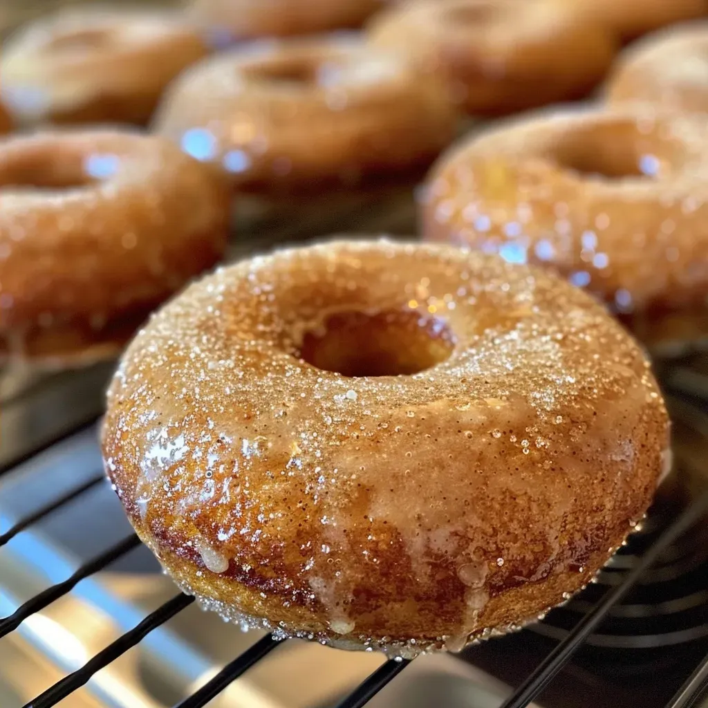 ['Golden brown baked apple cider donuts arranged on a plate.', 'Close-up view of a delicious baked apple cider donut, showcasing its texture.', 'A stack of freshly baked apple cider donuts with a light cinnamon sugar coating.', 'Side view of moist baked apple cider donuts with a glossy glaze.']