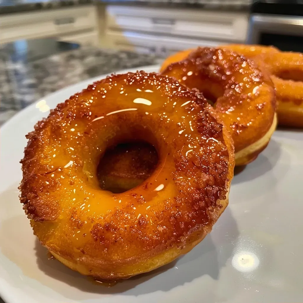 ['A close-up side view of freshly baked apple donuts, showcasing their golden-brown texture.', 'Juicy baked apple donuts displayed on a plate, with visible apple pieces and a sprinkle of cinnamon.', 'A detailed view of baked apple donuts, highlighting the moist surface and rich apple flavor.', 'Side view of delicious baked apple donuts with a shiny glaze and bits of apple, ready to be enjoyed.']