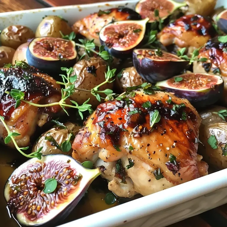 ['Juicy baked chicken thighs with figs and potatoes, garnished and glistening.', 'Side view of baked chicken thighs paired with sliced figs and colorful baby potatoes.', 'Close-up of succulent chicken thighs topped with fresh figs on a serving plate.', 'Deliciously baked chicken and figs, showcasing a golden-brown crust and vibrant ingredients.']