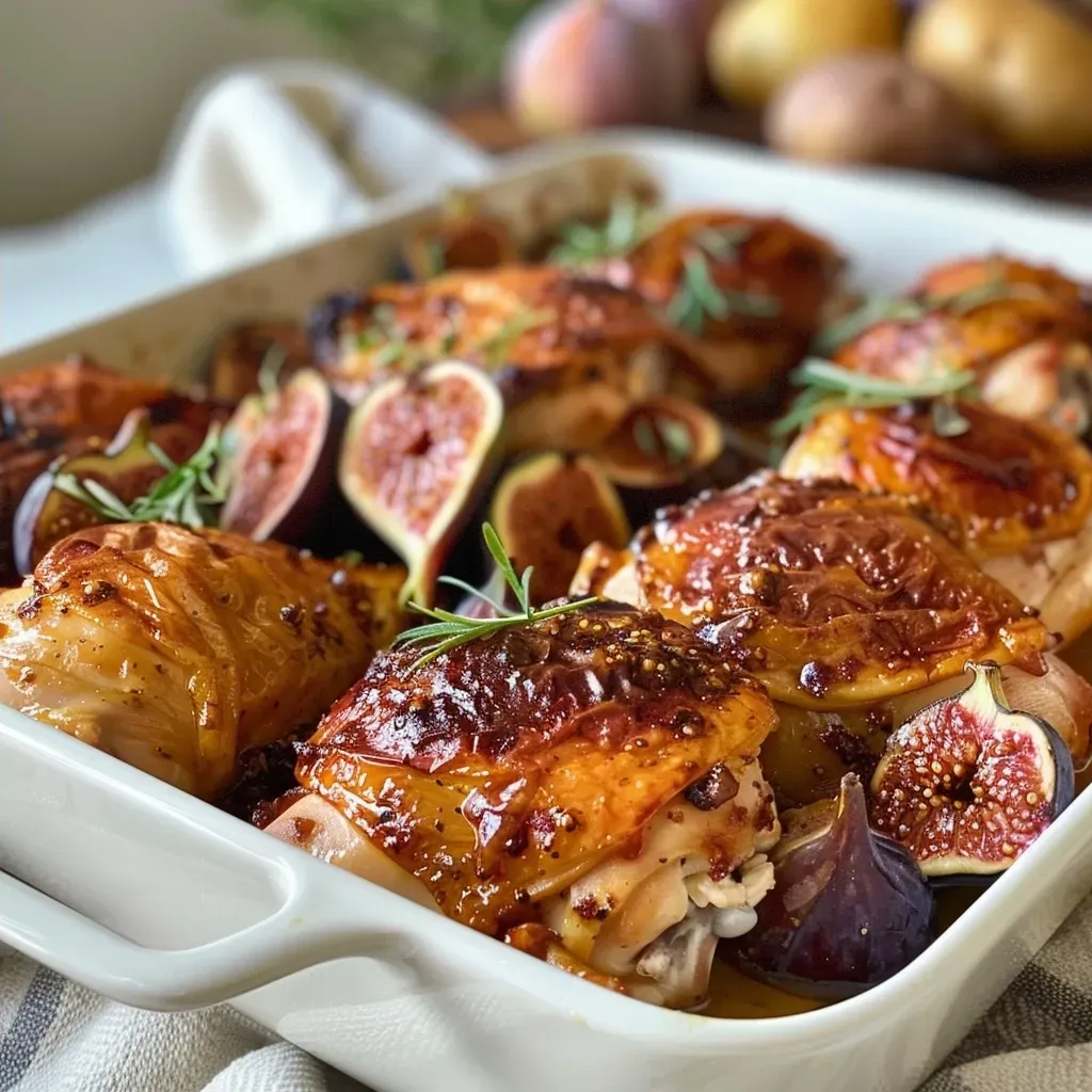 Juicy baked chicken thighs with figs and potatoes, garnished and glistening.