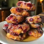 ['Close-up view of baked cranberry orange fritters, showcasing their golden-brown exterior and juicy cranberry bits.', 'Side view of freshly baked cranberry orange fritters, highlighting their soft texture and vibrant orange zest.', "Detailed close-up of warm cranberry orange fritters with a sprinkle of confectioner's sugar on top.", 'Appetizing side shot of cranberry orange fritters, featuring fresh cranberries and a glistening glaze.']