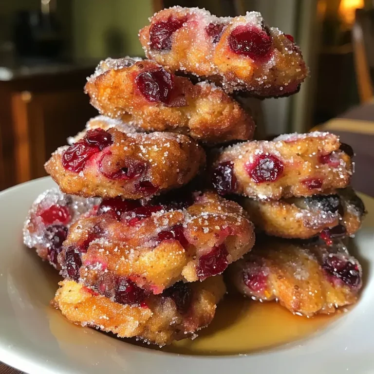 ['Close-up view of baked cranberry orange fritters, showcasing their golden-brown exterior and juicy cranberry bits.', 'Side view of freshly baked cranberry orange fritters, highlighting their soft texture and vibrant orange zest.', "Detailed close-up of warm cranberry orange fritters with a sprinkle of confectioner's sugar on top.", 'Appetizing side shot of cranberry orange fritters, featuring fresh cranberries and a glistening glaze.']
