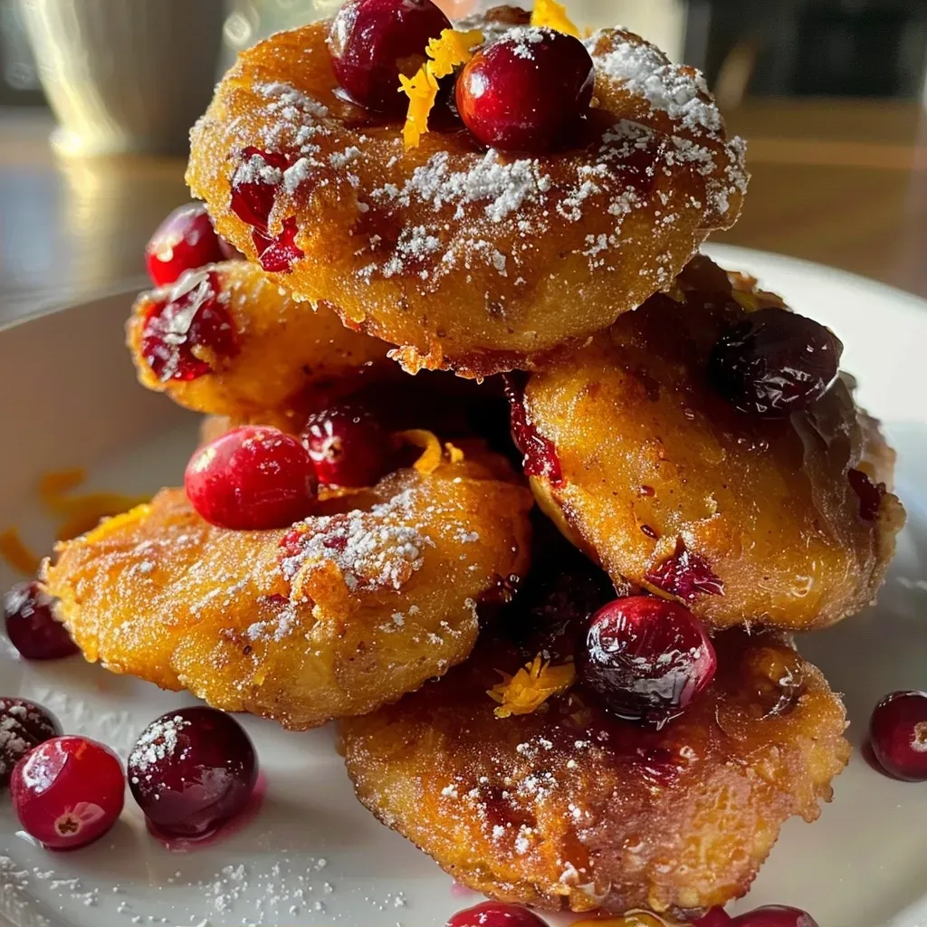 Close-up view of baked cranberry orange fritters, showcasing their golden-brown exterior and juicy cranberry bits.