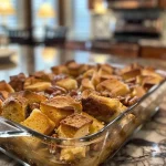 ['Close-up view of a rich, golden-brown bread pudding topped with a drizzle of cream.', 'A side perspective of moist bread pudding with pieces of bread and raisins visible.', 'Detailed image of bread pudding showcasing its creamy texture and golden crust.', 'Side view of bread pudding, highlighting its layers and caramelized top.']