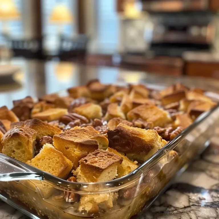 ['Close-up view of a rich, golden-brown bread pudding topped with a drizzle of cream.', 'A side perspective of moist bread pudding with pieces of bread and raisins visible.', 'Detailed image of bread pudding showcasing its creamy texture and golden crust.', 'Side view of bread pudding, highlighting its layers and caramelized top.']