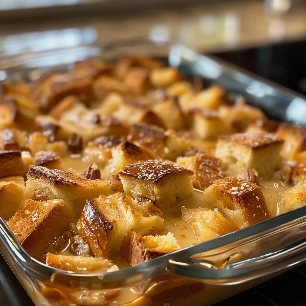 ['Close-up view of a rich, golden-brown bread pudding topped with a drizzle of cream.', 'A side perspective of moist bread pudding with pieces of bread and raisins visible.', 'Detailed image of bread pudding showcasing its creamy texture and golden crust.', 'Side view of bread pudding, highlighting its layers and caramelized top.']