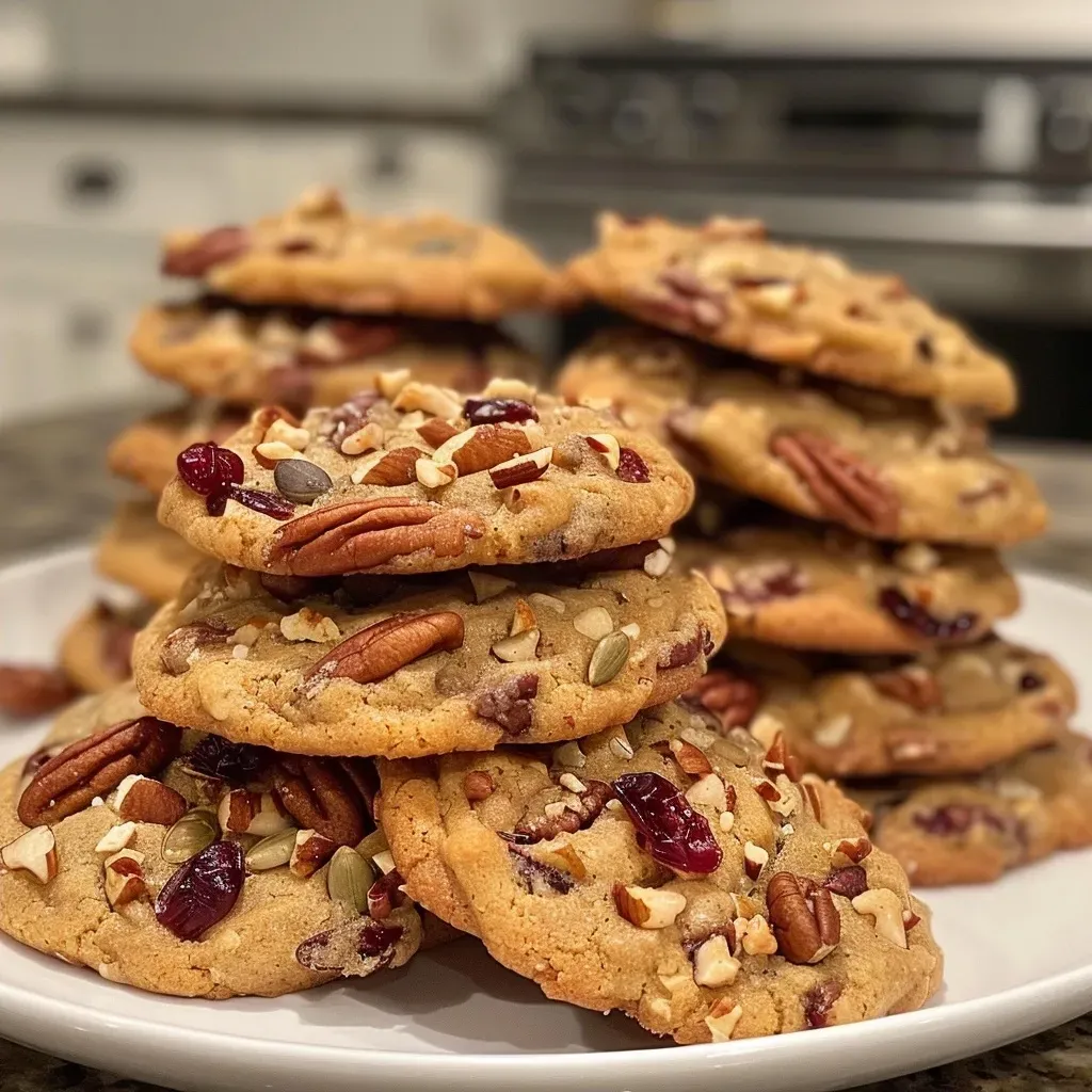 ['Close-up of brown butter harvest cookies with pecans and cranberries.', 'Side view of delicious brown butter cookies topped with seeds and oats.', 'Detailed shot of baked brown butter cookies with a golden-brown crust.', 'Juicy brown butter cookies featuring a mix of nuts and dried fruit.']