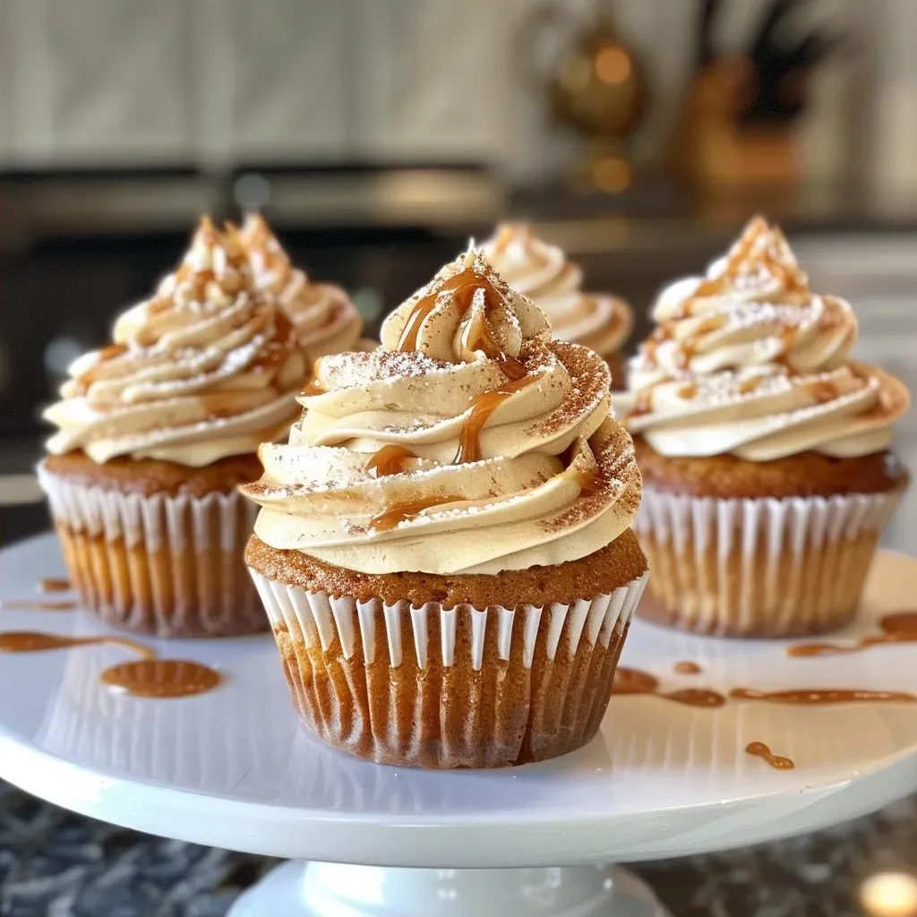 Brown Butter Pumpkin Caramel Latte Cupcakes with swirls of caramel frosting.