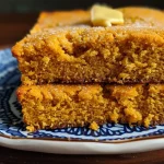 ['Close-up of brown butter pumpkin cornbread showing a golden crust and scattered pumpkin seeds.', 'Side view of a slice of delicious brown butter pumpkin cornbread with a moist texture and warm colors.', 'Juicy brown butter pumpkin cornbread displayed on a wooden board, highlighting its fluffy interior and crunchy seeds.', 'Textured slice of brown butter pumpkin cornbread with a rich, golden hue and visible spices on the surface.']