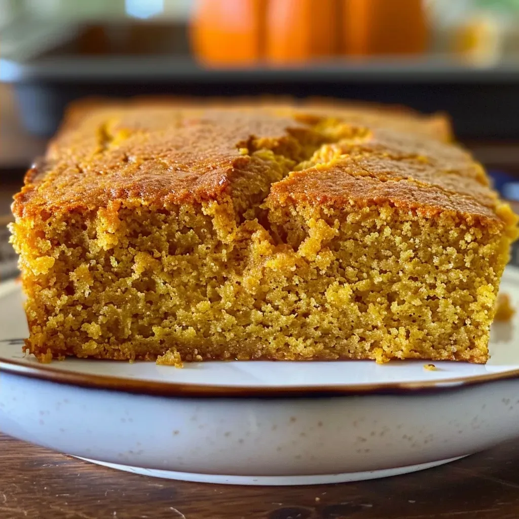 Close-up of brown butter pumpkin cornbread showing a golden crust and scattered pumpkin seeds.