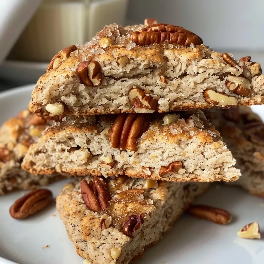 ['Close-up side view of freshly baked brown sugar pecan scones with a golden crust.', 'A delicious brown sugar pecan scone displaying a toasted pecan topping and drizzled glaze.', 'Side angle of warm brown sugar pecan scones with a flaky texture and pecans sprinkled on top.', 'Golden-brown scones enriched with pecans and a dusting of cinnamon sugar for added flavor.']
