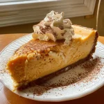 ['Close-up view of a creamy butternut cheesecake with a smooth surface and a slice removed, showcasing layers.', 'Side view of a luscious butternut cheesecake topped with a light whipped cream layer, highlighting its rich texture.', 'Detailed shot of a butternut cheesecake displaying a golden-brown crust, creamy filling, and garnished edges.', 'Zoomed-in image of butternut cheesecake with a slice revealing its golden interior and smooth topping.']