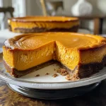 ['Side view of a creamy butternut squash cheesecake topped with a golden-brown crust.', 'Close-up of a luscious butternut squash cheesecake showcasing its smooth texture and rich color.', 'Slice of butternut squash cheesecake with a perfect crust, revealing a creamy filling.', 'Beautifully presented butternut squash cheesecake with a ginger snap crust and creamy topping.']