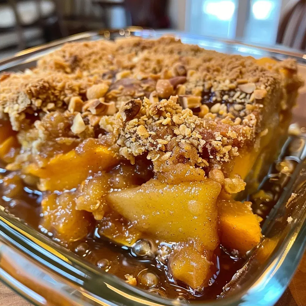 A close-up side view of a golden brown Butternut squash cobbler, showing a flaky crust and vibrant filling.