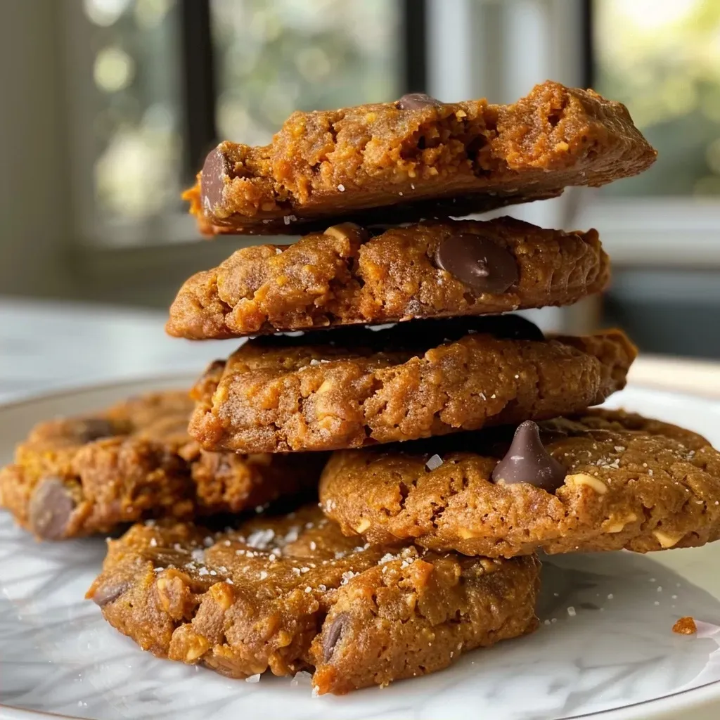 ['Close-up of a butternut squash cookie, showcasing its texture and chocolate chips.', 'Side view of a golden-brown butternut squash cookie with chocolate chips.', 'Image of a freshly baked butternut squash cookie, highlighting its chewy appearance.', 'Close-up shot of butternut squash cookies with visible chunks of dark chocolate.']