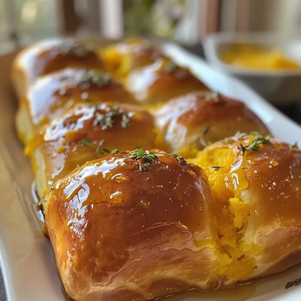 ['Close-up side view of warm Butternut Squash Dinner Rolls on a wooden surface.', 'Soft and fluffy Butternut Squash Dinner Rolls arranged on a rustic table.', 'Freshly baked Butternut Squash Dinner Rolls with a golden crust and soft interior.', 'A tempting display of Butternut Squash Dinner Rolls, showcasing their texture and color.']