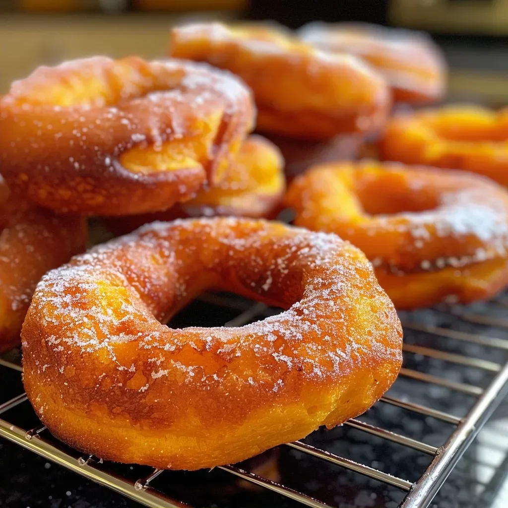 ['Close-up of a golden, glazed butternut squash donut with a smooth texture.', 'Side view of fluffy butternut squash donuts dusted with powdered sugar.', 'A delicious butternut squash donut showcasing its rich color and soft appearance.', 'Deliciously plump butternut squash donut with a light coating of sugar.']