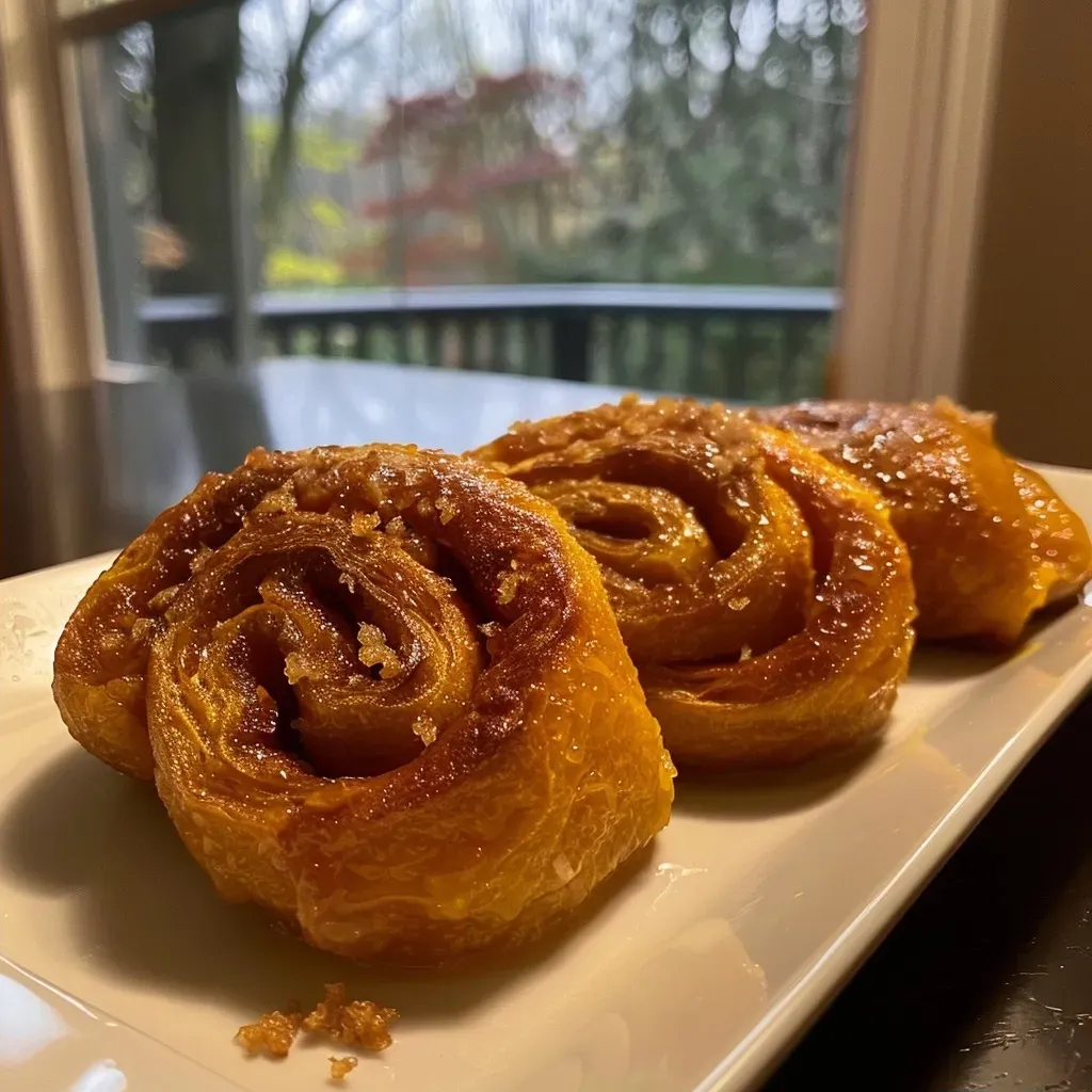 A side view of golden-brown Butternut Squash Rolls on a wooden surface.
