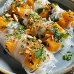 ['Close-up view of Butternut Squash Summer Rolls displayed on a plate.', 'Side view of vibrant Butternut Squash Summer Rolls with fresh ingredients.', 'Juicy Butternut Squash Summer Rolls arranged artistically for a meal.', 'Colorful summer rolls filled with butternut squash and herbs on a table.']
