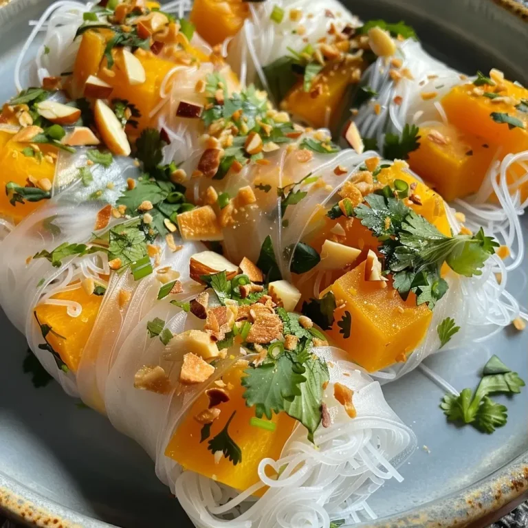 ['Close-up view of Butternut Squash Summer Rolls displayed on a plate.', 'Side view of vibrant Butternut Squash Summer Rolls with fresh ingredients.', 'Juicy Butternut Squash Summer Rolls arranged artistically for a meal.', 'Colorful summer rolls filled with butternut squash and herbs on a table.']