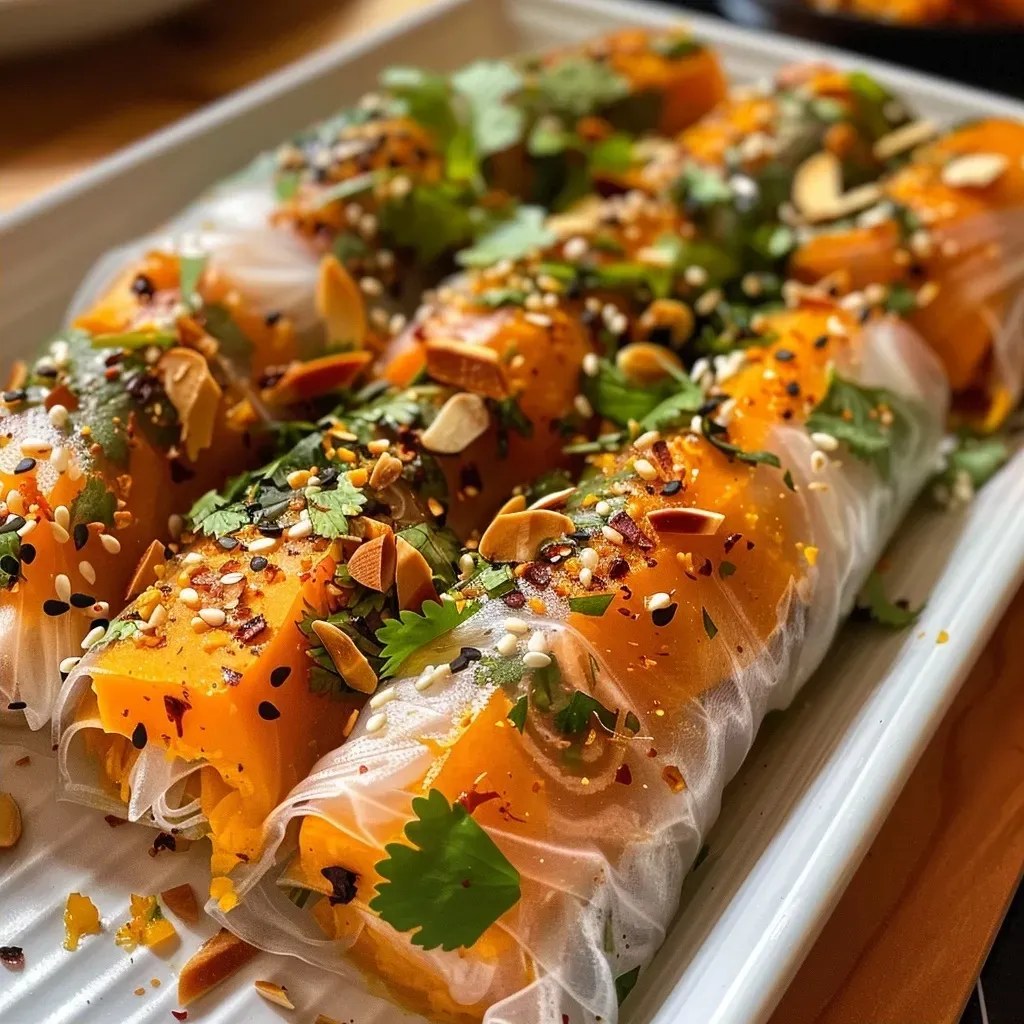 Close-up view of Butternut Squash Summer Rolls displayed on a plate.