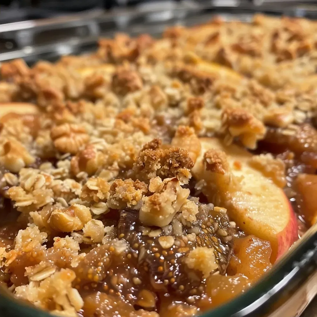 Close-up view of a baked apple and fig crisp, showcasing a golden-brown crumb topping.