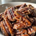 ['Close-up view of shiny, glazed candied pecans on a wooden surface.', 'Side view of delicious candied pecans glistening with a sugary coating.', 'A vibrant cluster of candied pecans, showcasing their glossy texture and rich color.', 'Detailed shot of pecan halves covered in a sweet, caramelized glaze.']