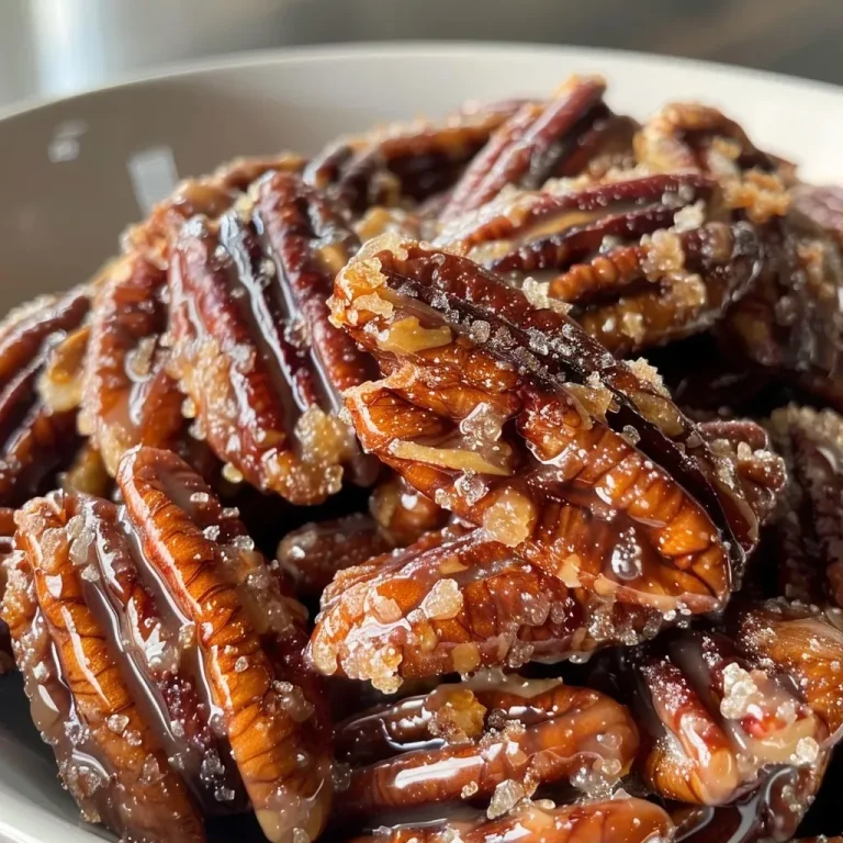 ['Close-up view of shiny, glazed candied pecans on a wooden surface.', 'Side view of delicious candied pecans glistening with a sugary coating.', 'A vibrant cluster of candied pecans, showcasing their glossy texture and rich color.', 'Detailed shot of pecan halves covered in a sweet, caramelized glaze.']