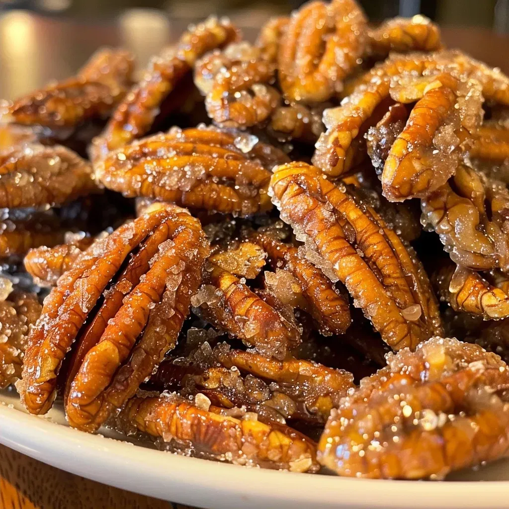 ['Close-up view of shiny, glazed candied pecans on a wooden surface.', 'Side view of delicious candied pecans glistening with a sugary coating.', 'A vibrant cluster of candied pecans, showcasing their glossy texture and rich color.', 'Detailed shot of pecan halves covered in a sweet, caramelized glaze.']