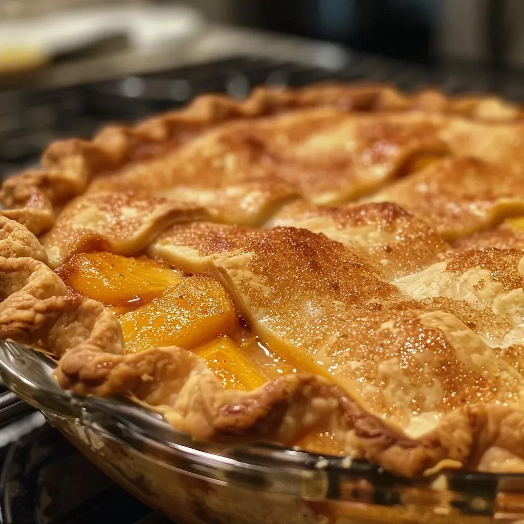 ['A close-up view of a slice of canned peach pie with a golden crust and juicy peach filling.', 'Side view of a delicious canned peach pie, highlighting its flaky crust and sweet peach interior.', 'A detailed shot of a canned peach pie, showcasing the vibrant peach slices and buttery crust.', 'Close-up of a freshly baked canned peach pie, with glistening fruit filling and a crisp, golden crust.']