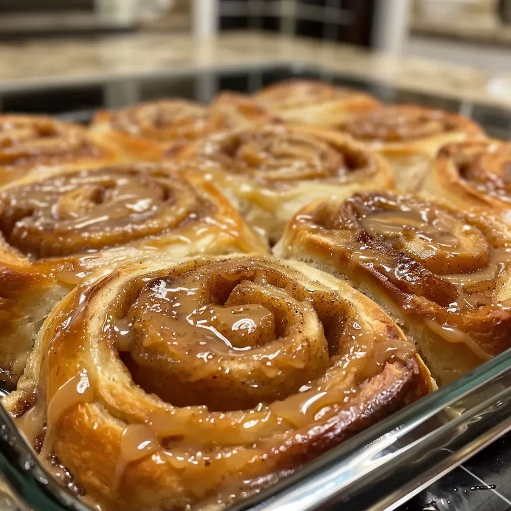 ['Close-up view of caramel apple cinnamon rolls with a glossy caramel glaze.', 'Side photo of fluffy caramel apple cinnamon rolls, topped with luscious caramel sauce.', 'Juicy caramel apple cinnamon rolls displayed on a plate, glistening with glaze.', 'Appetizing cinnamon rolls filled with apple chunks, drizzled with caramel.']