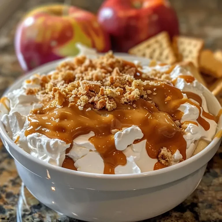 ['A close-up view of Caramel Apple Dip with a creamy texture and caramel drizzle.', 'Side view of a bowl of Caramel Apple Dip surrounded by apple slices and crackers.', 'Creamy Caramel Apple Dip displayed in a bowl, topped with caramel sauce and toffee bits.', 'Delicious Caramel Apple Dip served with fresh apple wedges and snack crackers.']