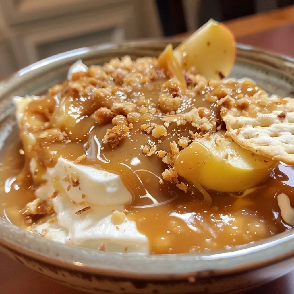A close-up view of Caramel Apple Dip with a creamy texture and caramel drizzle.