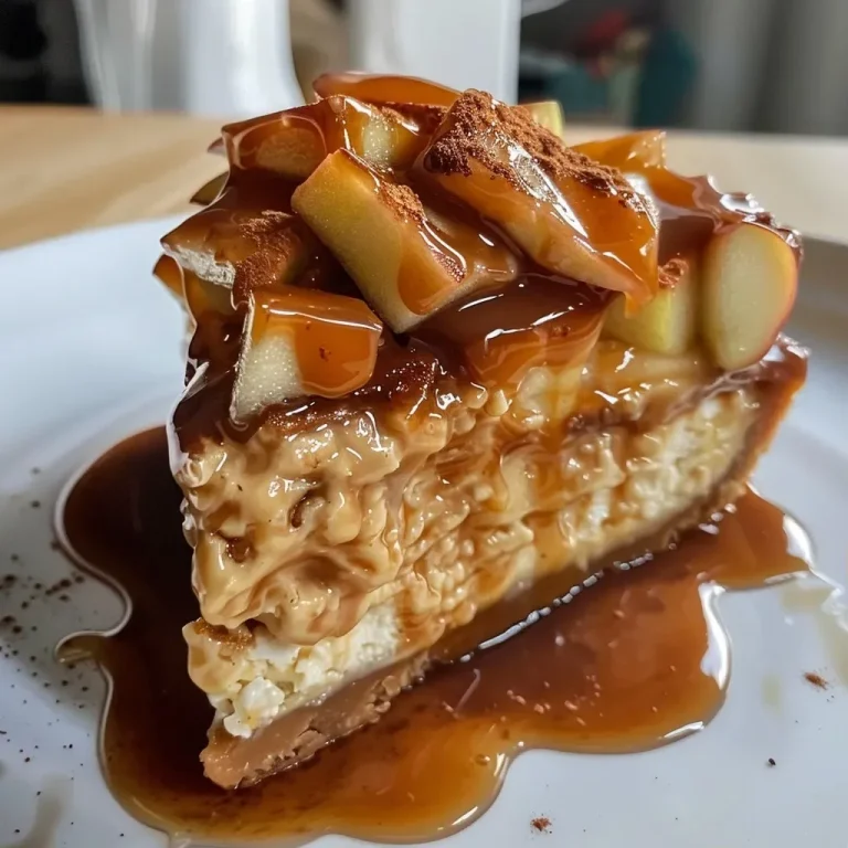 ['Close-up view of a Caramel Apple Protein Cheesecake topped with apple slices and drizzled in caramel.', 'Side angle of a creamy Caramel Apple Protein Cheesecake with visible layers and caramel glaze.', 'Detailed shot of a slice of Caramel Apple Protein Cheesecake showcasing its rich texture and toppings.', 'Delicious Caramel Apple Protein Cheesecake with a golden-brown crust and caramel drizzle on a white plate.']