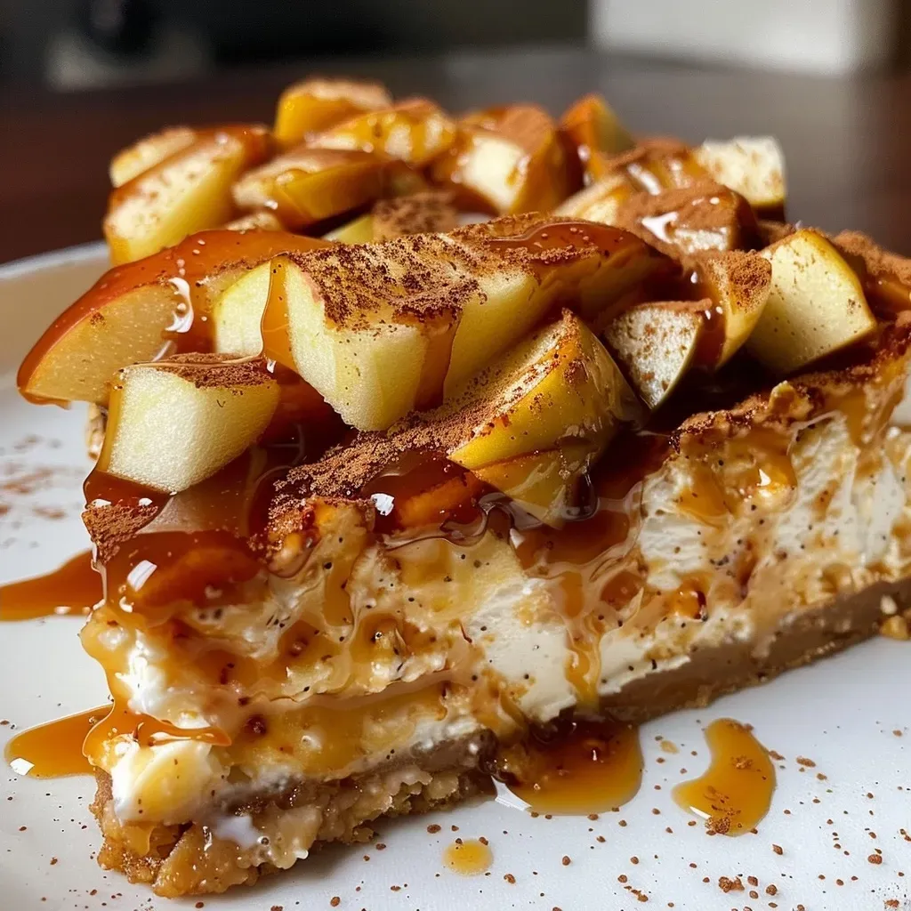 Close-up view of a Caramel Apple Protein Cheesecake topped with apple slices and drizzled in caramel.