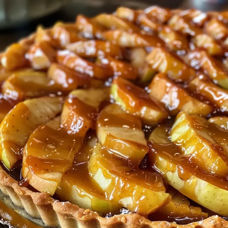 ['Close-up side view of a caramel apple tart featuring glossy caramel glaze and apple slices.', 'Juicy caramel apple tart with a golden crust and shiny caramel topping, captured from the side.', 'Side view of a freshly baked caramel apple tart, showcasing caramel drizzles and apple layers.', 'Detailed close-up of a caramel apple tart with visible apple slices and caramel sauce.']