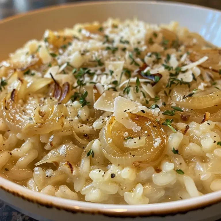 ['Close-up of creamy caramelized onion apple cider risotto with herbs.', 'A delicious serving of risotto featuring caramelized onions and apple cider.', 'Side view of risotto topped with golden caramelized onions and fresh thyme.', 'Creamy arborio rice risotto garnished with sautéed onions and cheese.']