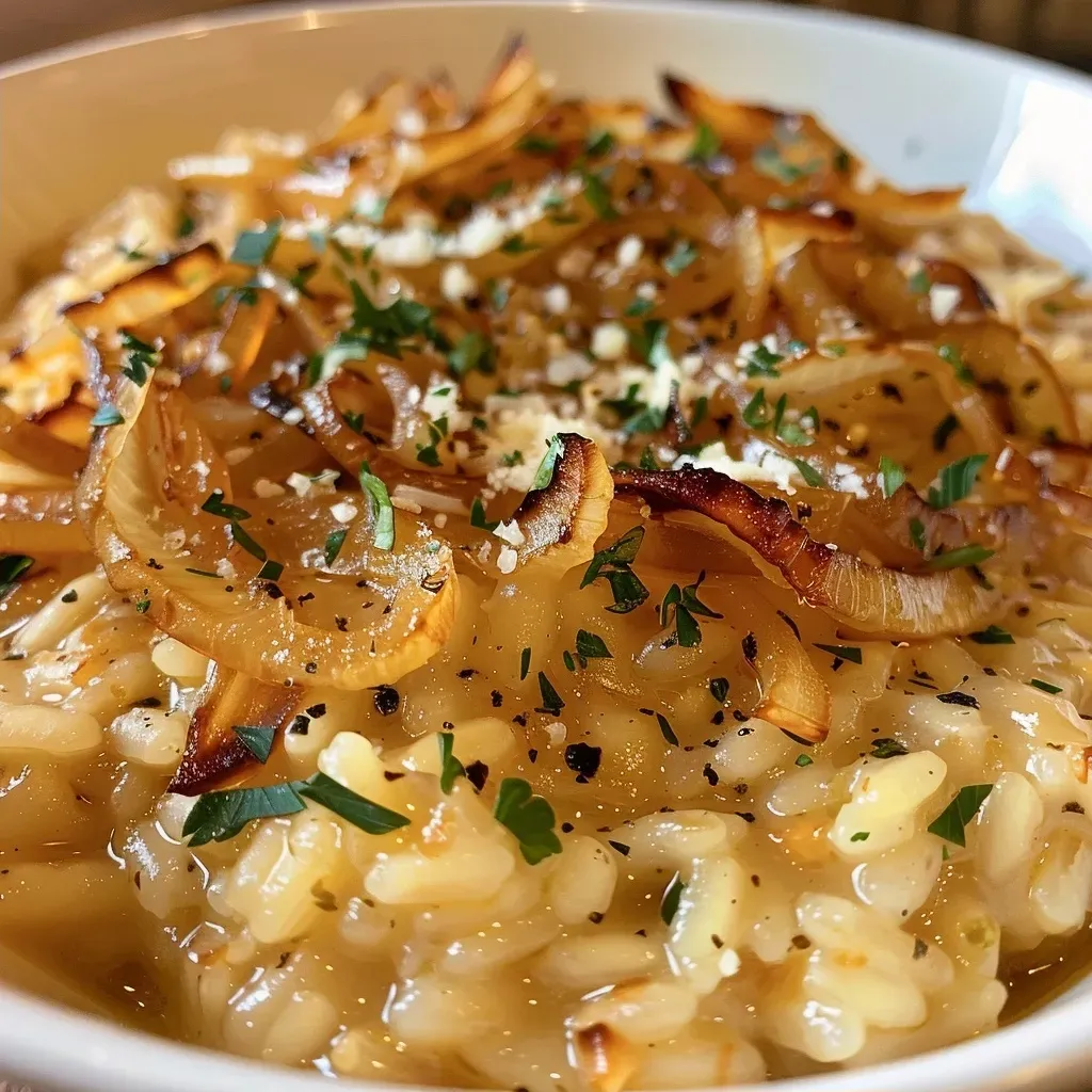 Close-up of creamy caramelized onion apple cider risotto with herbs.