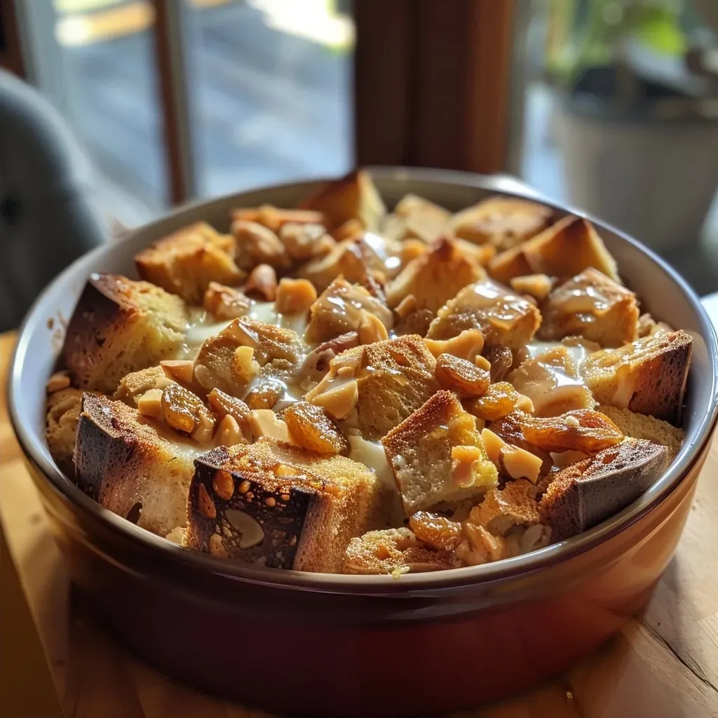 Close-up view of Cardamom Bread Pudding topped with figs and walnuts on a plate.