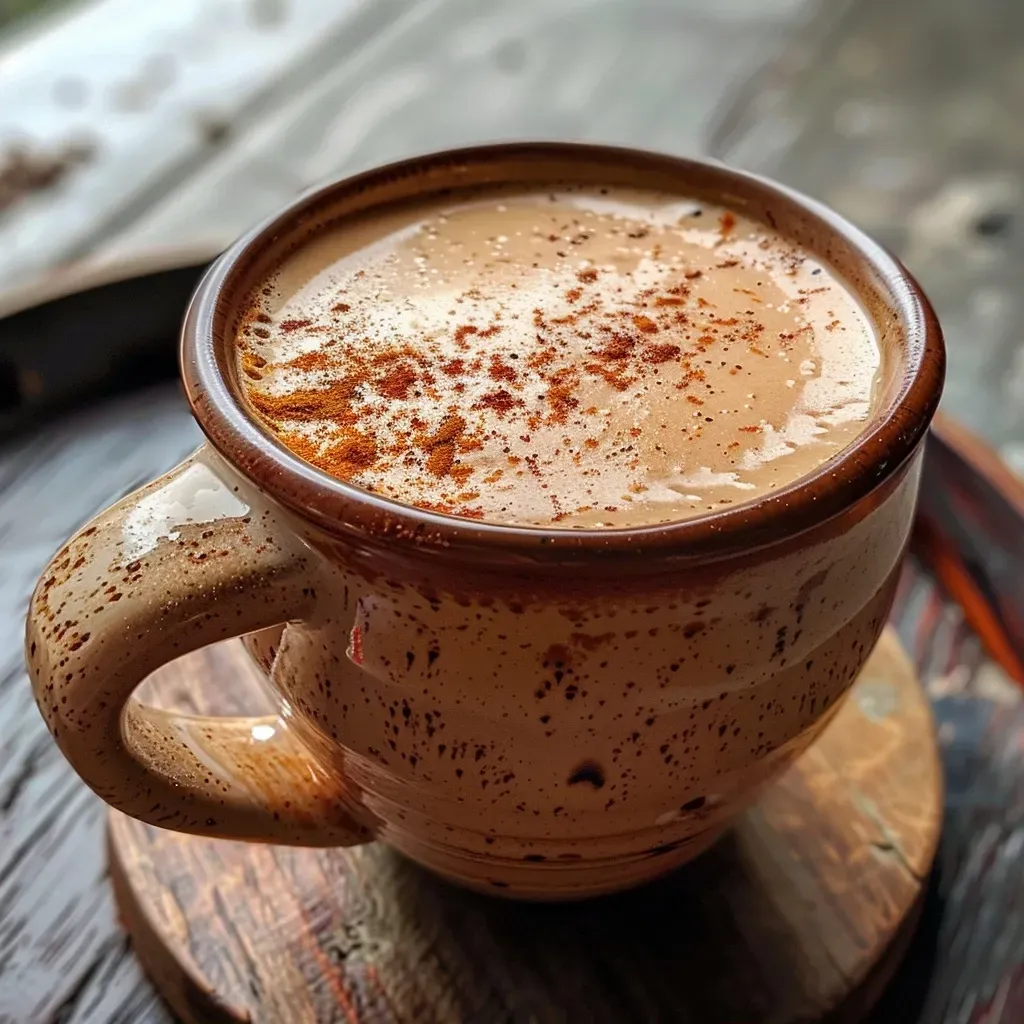 A close-up view of a Chai and Chilli Latte in a clear glass, showcasing its creamy texture and vibrant colors.