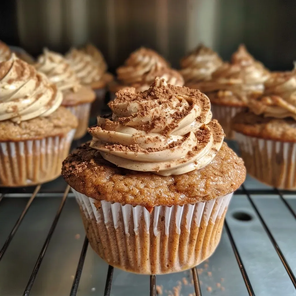 Close-up view of chai cupcakes topped with creamy frosting.