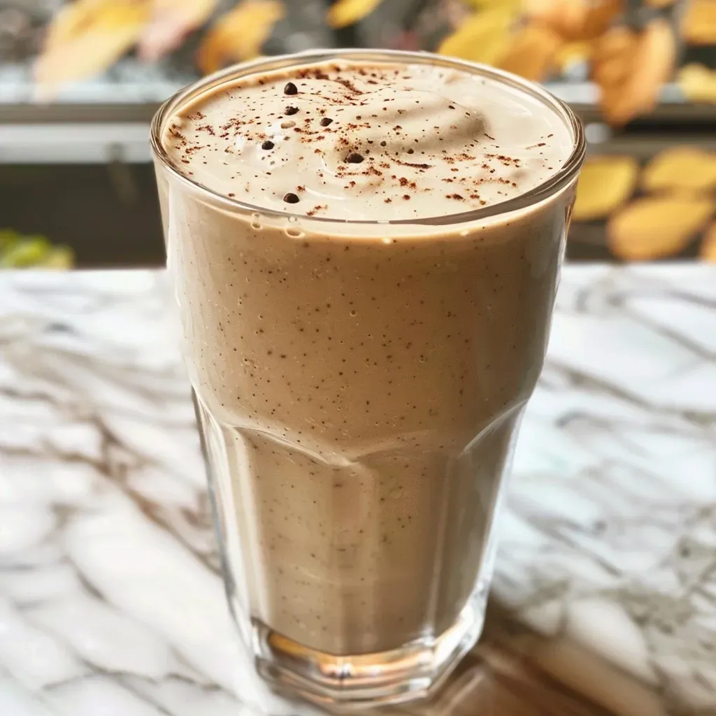 ['Close-up view of a creamy Chai Smoothie in a glass with a straw.', 'Side angle of a Chai Smoothie topped with a sprinkle of spices.', 'Chai Smoothie in a clear glass, showcasing its rich, golden-brown color.', 'Delicious-looking Chai Smoothie with ingredients visible in the background.']