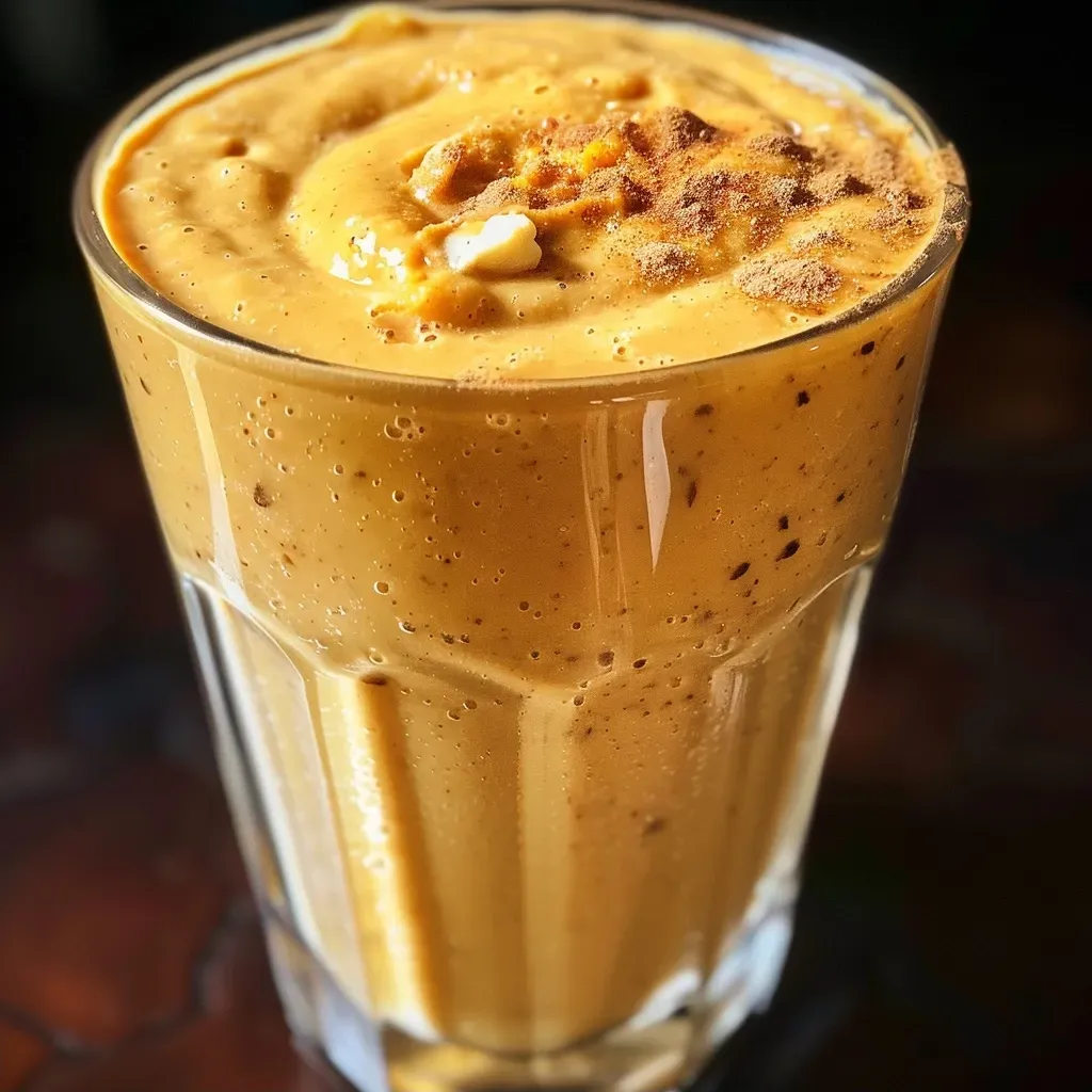 Close-up side view of a vibrant Chai-Spiced Butternut Squash Smoothie in a glass.