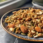 ['Close-up view of Chai Spiced Granola in a bowl, featuring whole nuts and seeds.', 'Side angle of Chai Spiced Granola, showcasing a mix of almonds, pecans, and spices.', 'Detailed shot of Chai Spiced Granola, highlighting its crunchy texture and rich color.', 'Close-up of Chai Spiced Granola with visible seeds and nuts, looking fresh and appetizing.']