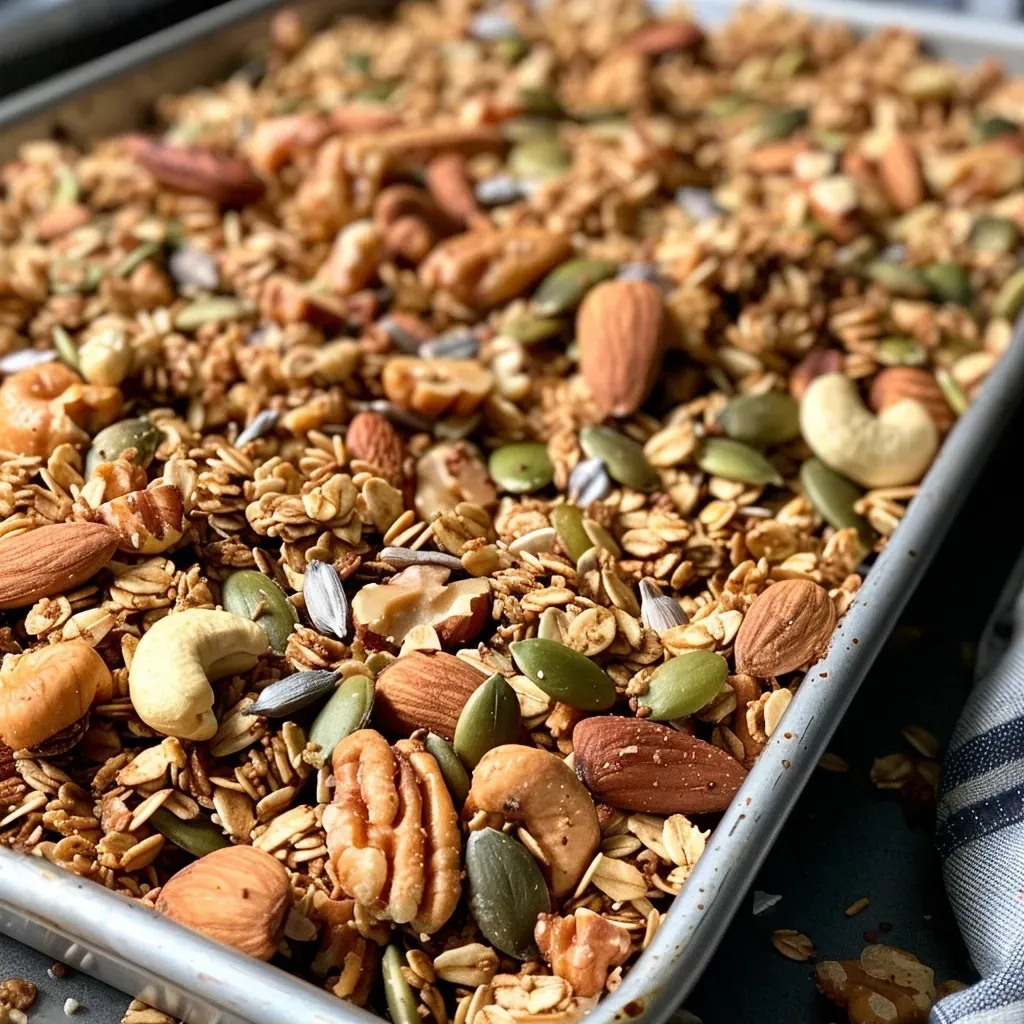 ['Close-up view of Chai Spiced Granola in a bowl, featuring whole nuts and seeds.', 'Side angle of Chai Spiced Granola, showcasing a mix of almonds, pecans, and spices.', 'Detailed shot of Chai Spiced Granola, highlighting its crunchy texture and rich color.', 'Close-up of Chai Spiced Granola with visible seeds and nuts, looking fresh and appetizing.']