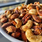 ['Close-up view of chai-spiced mixed nuts with a glossy finish.', 'Side angle of a bowl filled with chai-spiced mixed nuts, showcasing different nut varieties.', 'Delicious chai-spiced mixed nuts arranged artfully in a bowl, highlighting their texture.', 'A vibrant display of chai-spiced mixed nuts with a rich spice coating.']