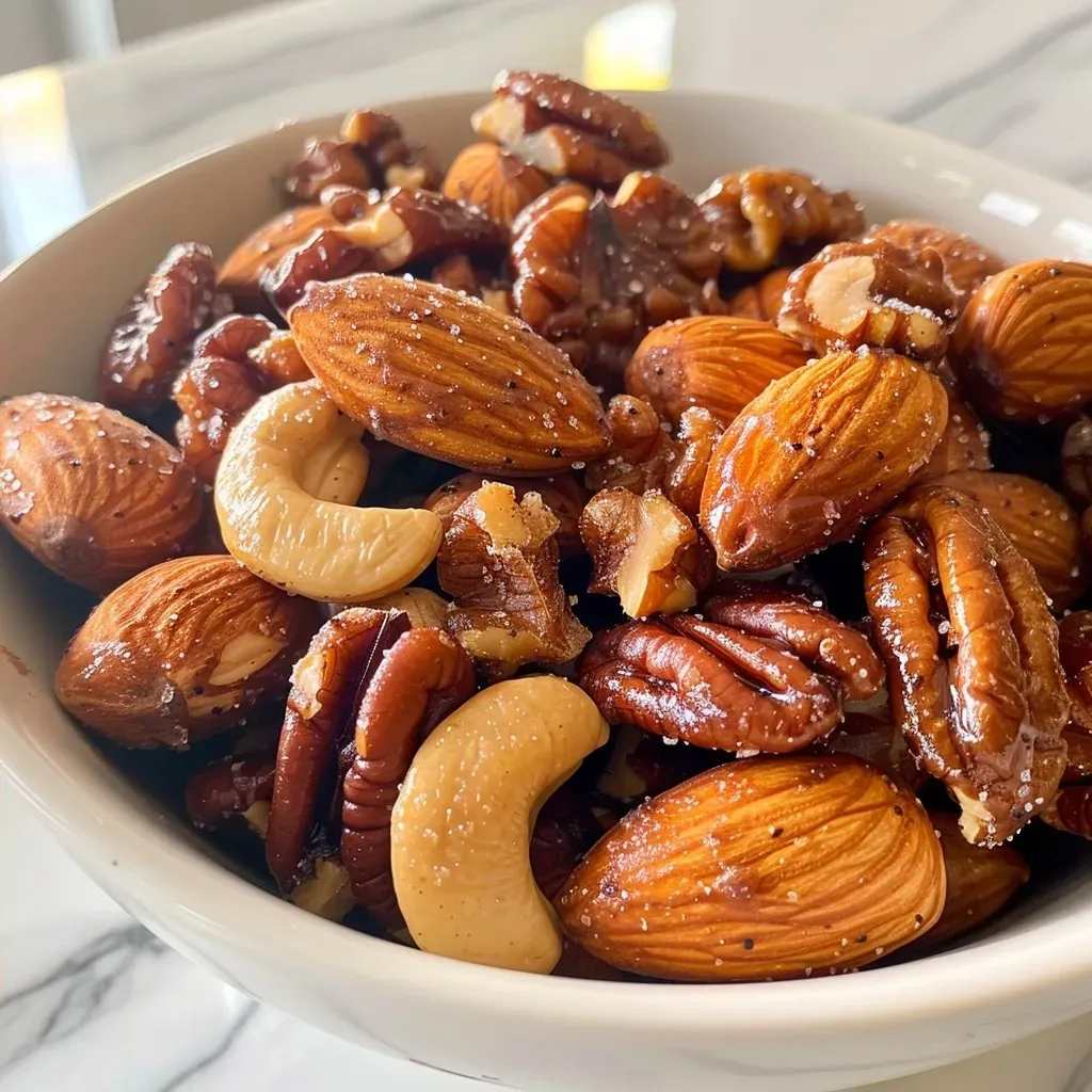 ['Close-up view of chai-spiced mixed nuts with a glossy finish.', 'Side angle of a bowl filled with chai-spiced mixed nuts, showcasing different nut varieties.', 'Delicious chai-spiced mixed nuts arranged artfully in a bowl, highlighting their texture.', 'A vibrant display of chai-spiced mixed nuts with a rich spice coating.']