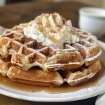 ['Close-up shot of chai spiced waffles topped with maple cinnamon apples.', 'Juicy waffles with warm spiced apples and creamy whipped topping, side view.', 'Deliciously stacked chai waffles garnished with cinnamon apples and syrup.', 'Golden-brown waffles adorned with apple slices, spices, and a drizzle of syrup.']