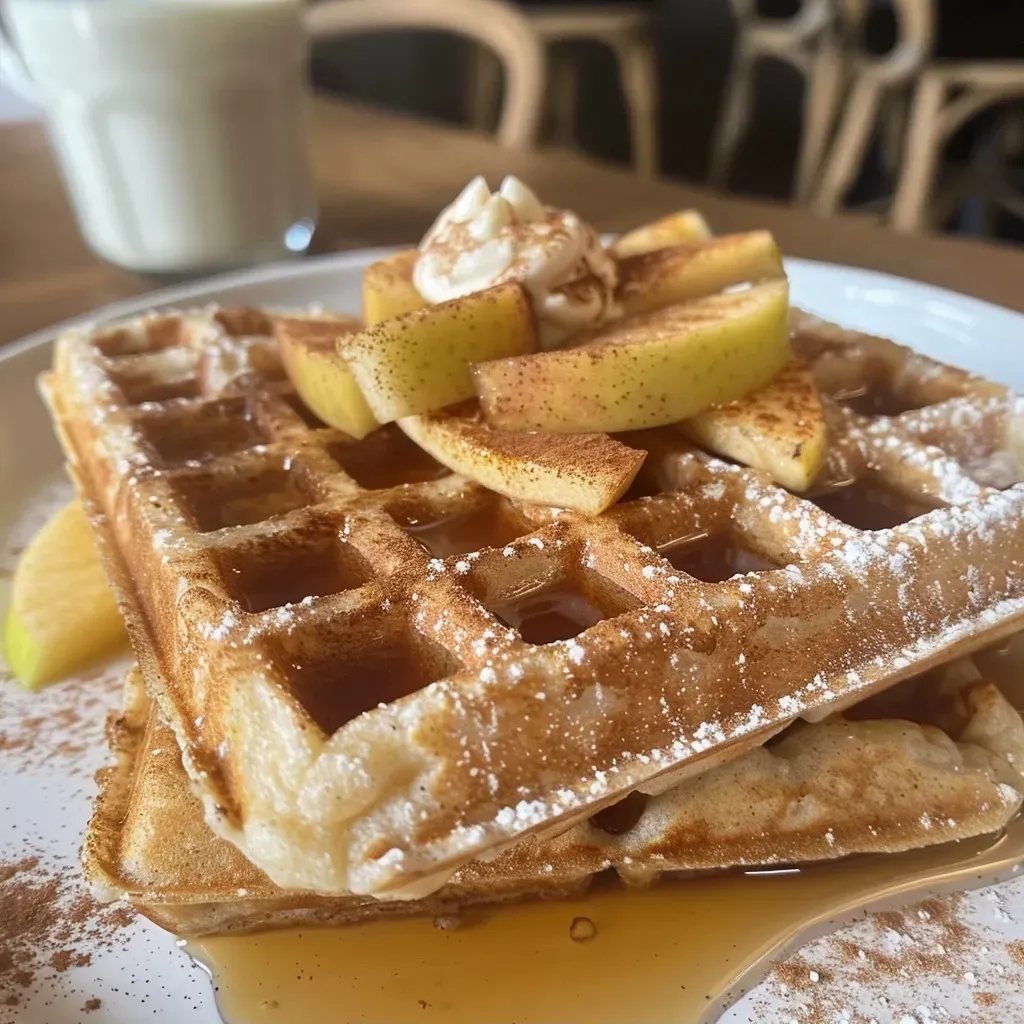 ['Close-up shot of chai spiced waffles topped with maple cinnamon apples.', 'Juicy waffles with warm spiced apples and creamy whipped topping, side view.', 'Deliciously stacked chai waffles garnished with cinnamon apples and syrup.', 'Golden-brown waffles adorned with apple slices, spices, and a drizzle of syrup.']