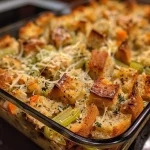 ['Close-up view of a cheesy bread pudding stuffing, showcasing a golden-brown top.', 'Side angle of baked cheesy bread pudding with visible herbs and melted cheese.', 'Rich, creamy bread pudding stuffing featuring chunks of bread and melted Gruyère.', 'Savory bread pudding with a crispy top layer and bits of vegetables peeking through.']